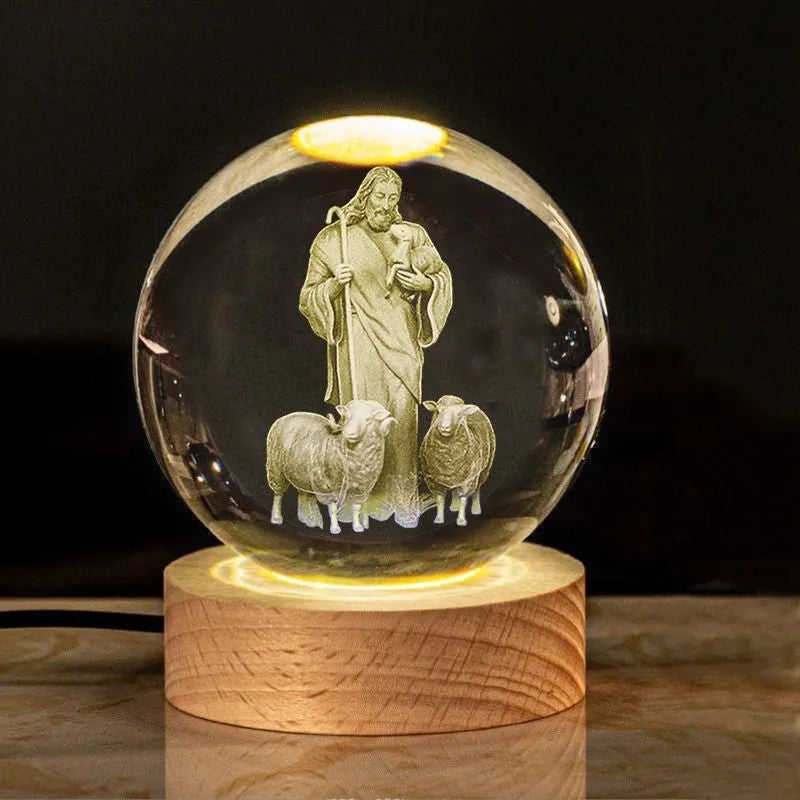 White crystal ball lamp with solid wood base and warm lighting in religious designs
