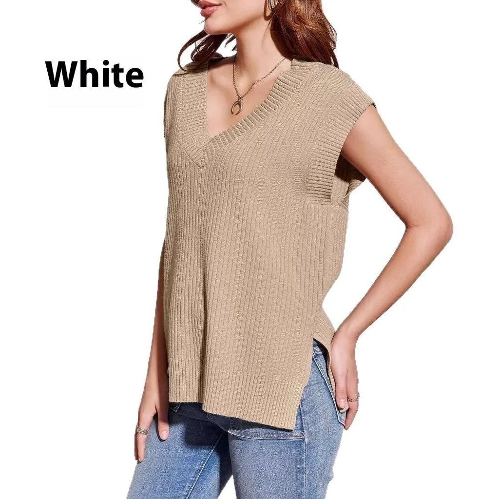 Camel and white v-neck sleeveless loose vest with striped or plaid pattern
