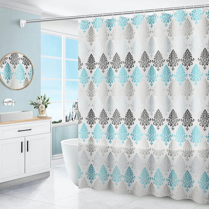 PEVA shower curtain with stainless steel buttonholes in a geometric abstract pattern, simple modern style for a bathroom.