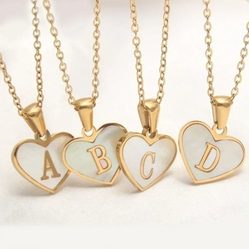 Gold plated personalised heart necklace with white shell on a 45cm chain