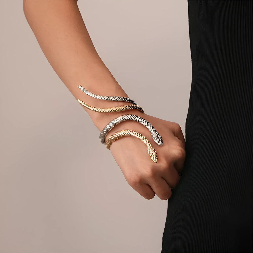 Gold and silver exaggerated twisted snake design ring and bracelet jewellery set