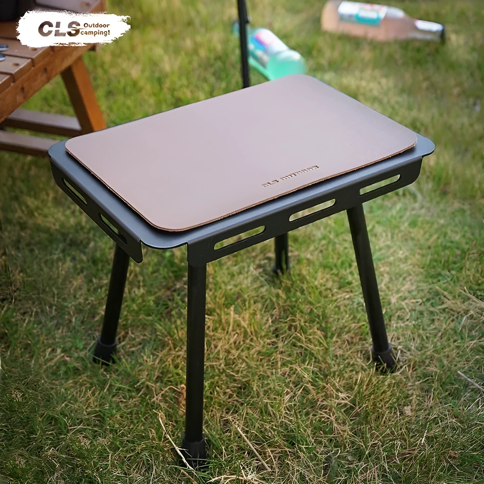 CLS aluminium alloy dual-use camping stool converted to small table with Army Green PU mat cushion