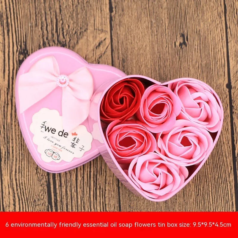 Soap flower gift box heart shaped tin box with bear figure red pink blue purple gradient handmade