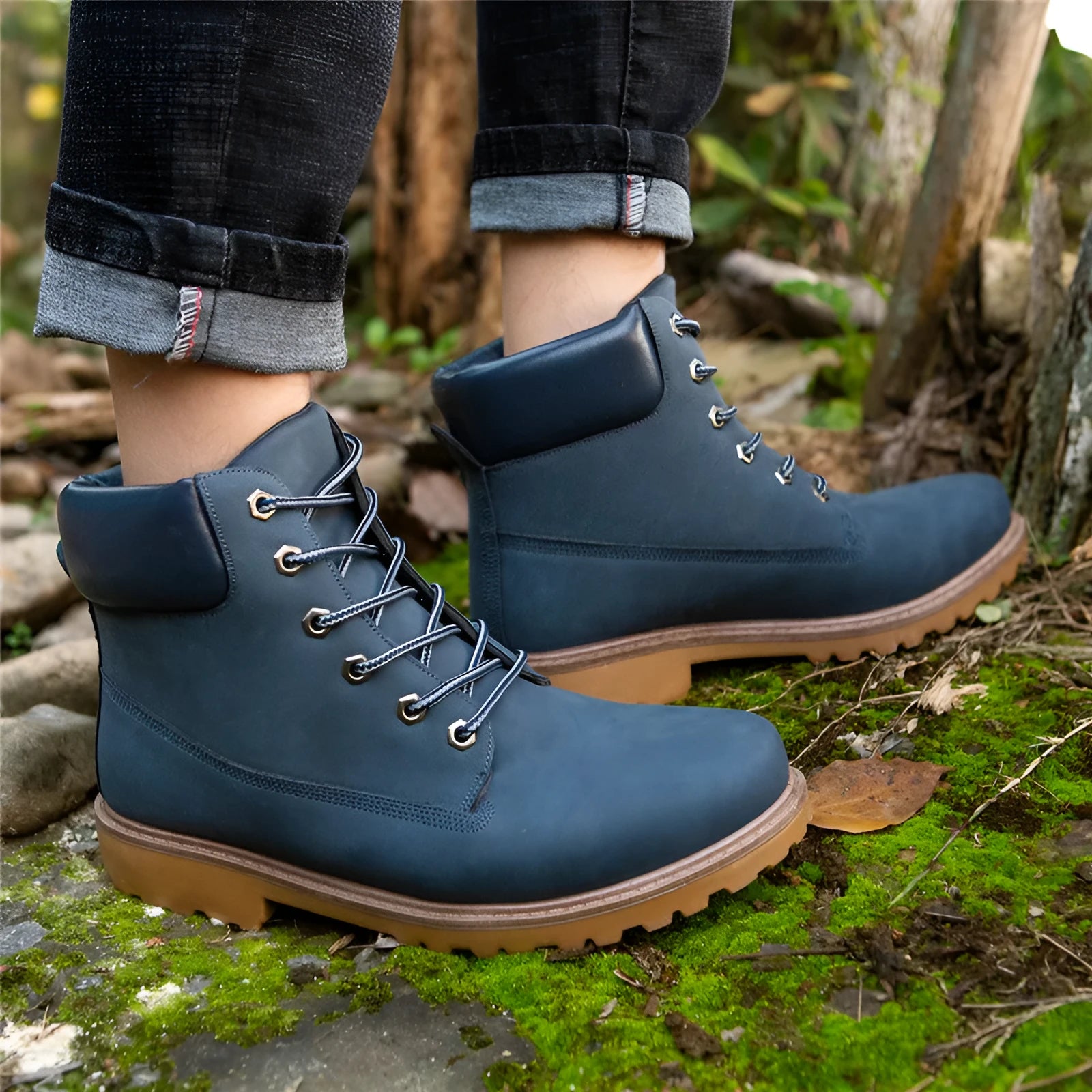 Men's pink high-top Martin boots with front lace-up and a low flat heel on a neutral background.
