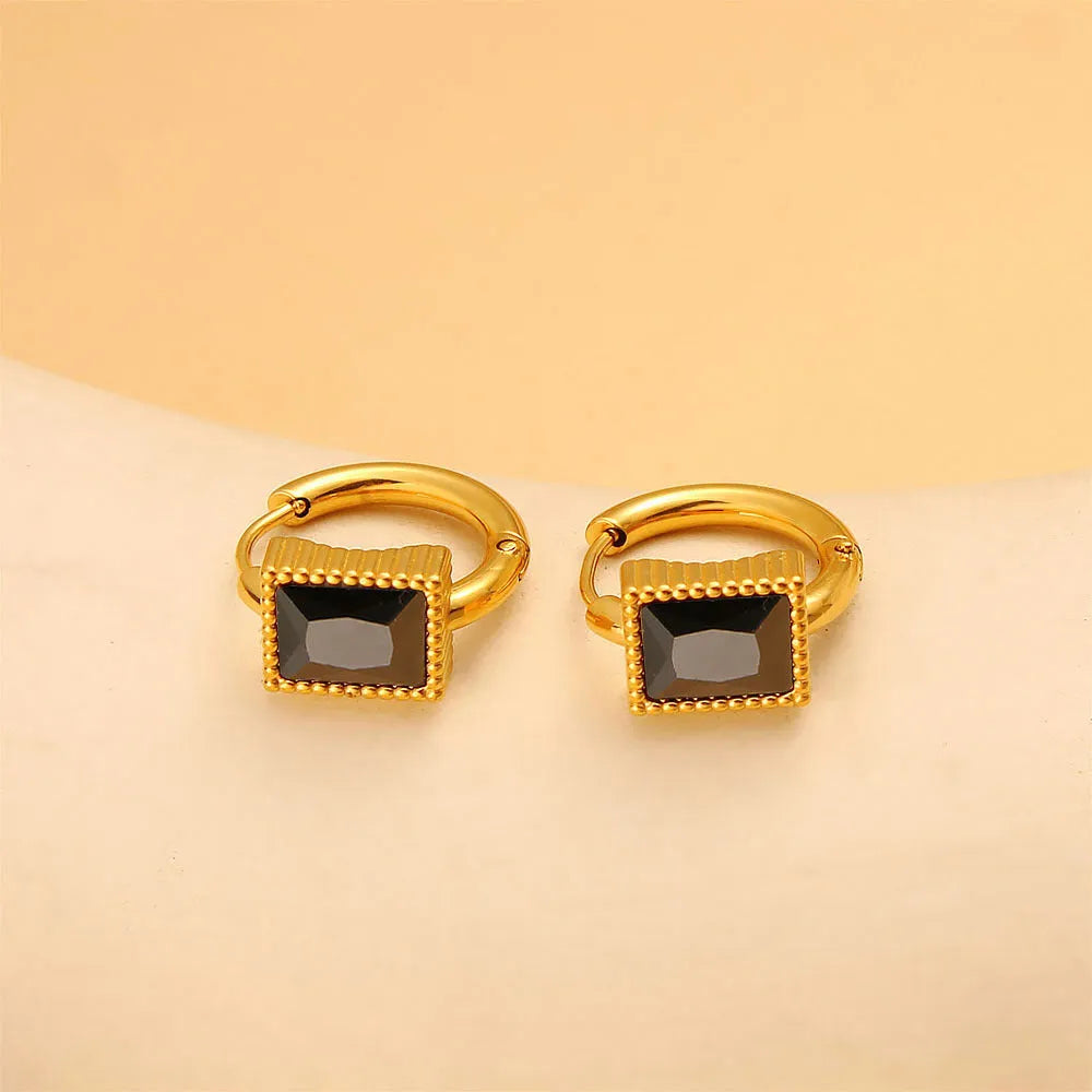 Square zircon stainless steel earrings in geometric design available in white, black, or green colours