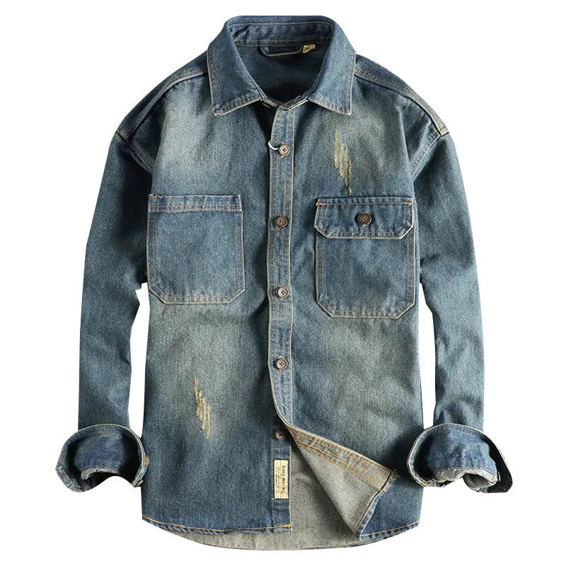 Men's light blue vintage denim shirt with loose cardigan styling and long sleeves