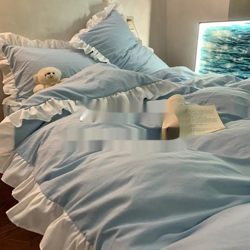 Mori style washed cotton four-piece bedding set in a solid colour lace shade, showing quilt cover and pillowcases.