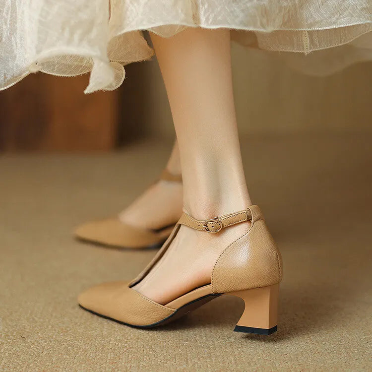 Women's wine red French retro square toe chunky heel buckle shoes made of sheepskin leather