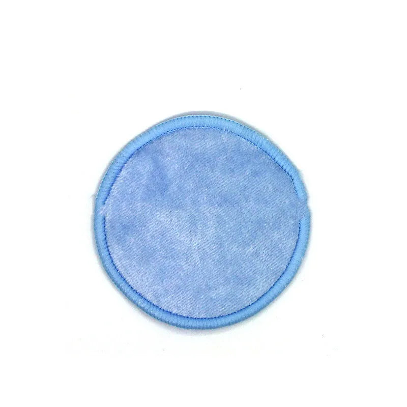 Set of red and blue velvet makeup remover pads in cotton mesh storage bag