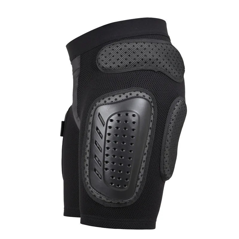 Black cycling hip protection pants showing protective padding area, available in sizes S M L XL
