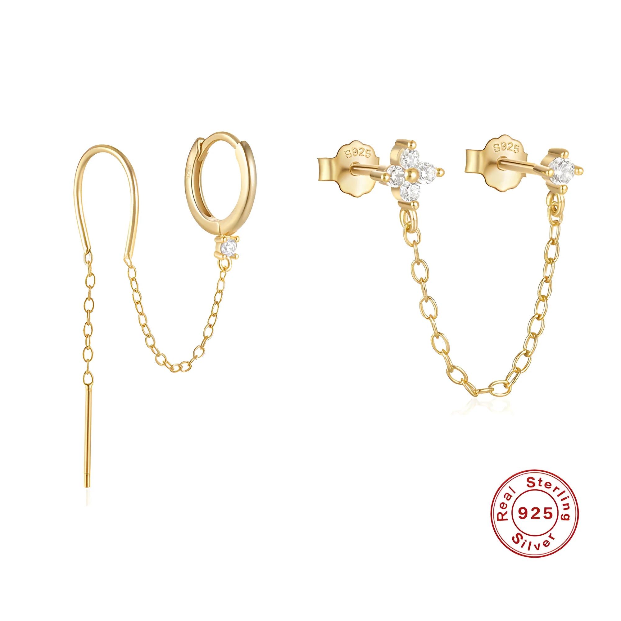 S925 sterling silver diamond flower tassel chain ear clip stud earrings in gold colour