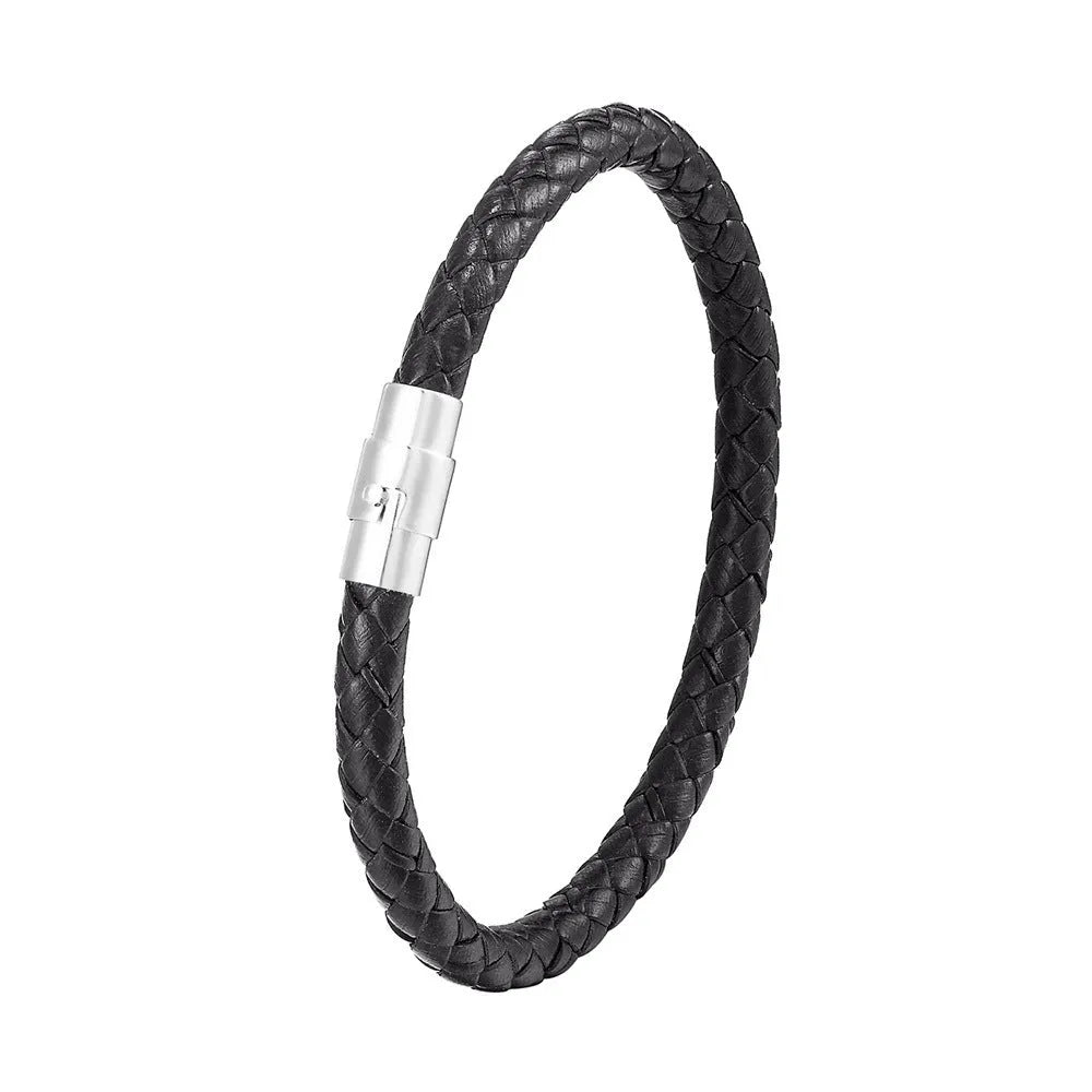 Titanium steel geometric wire bracelet with magnetic clasp on a wrist, showing unisex boyfriend style.