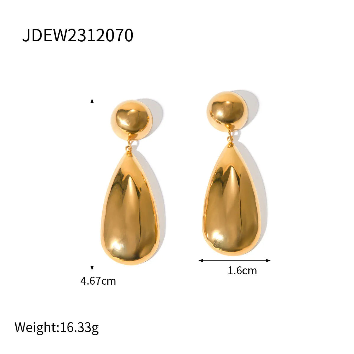 Gold stainless steel water drop earrings with geometric hemisphere pendants for women