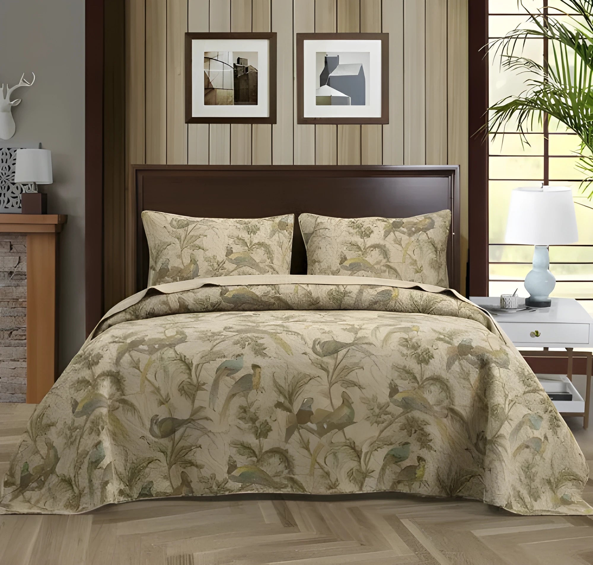 Blue American floral and bird pattern cotton bedspread quilt set with three pieces