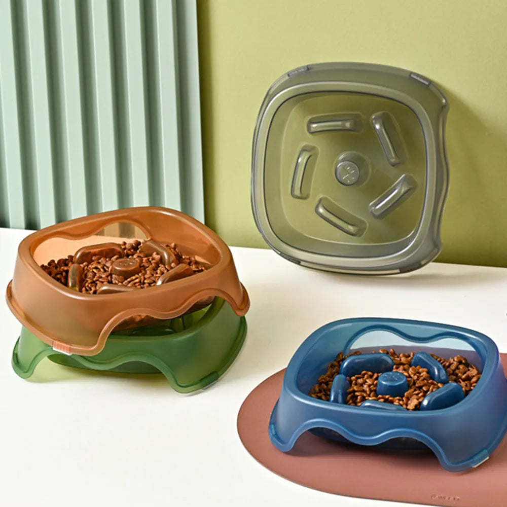 Blue plastic dog slow feeder bowl with anti-choking ridge design for puppies and dogs.