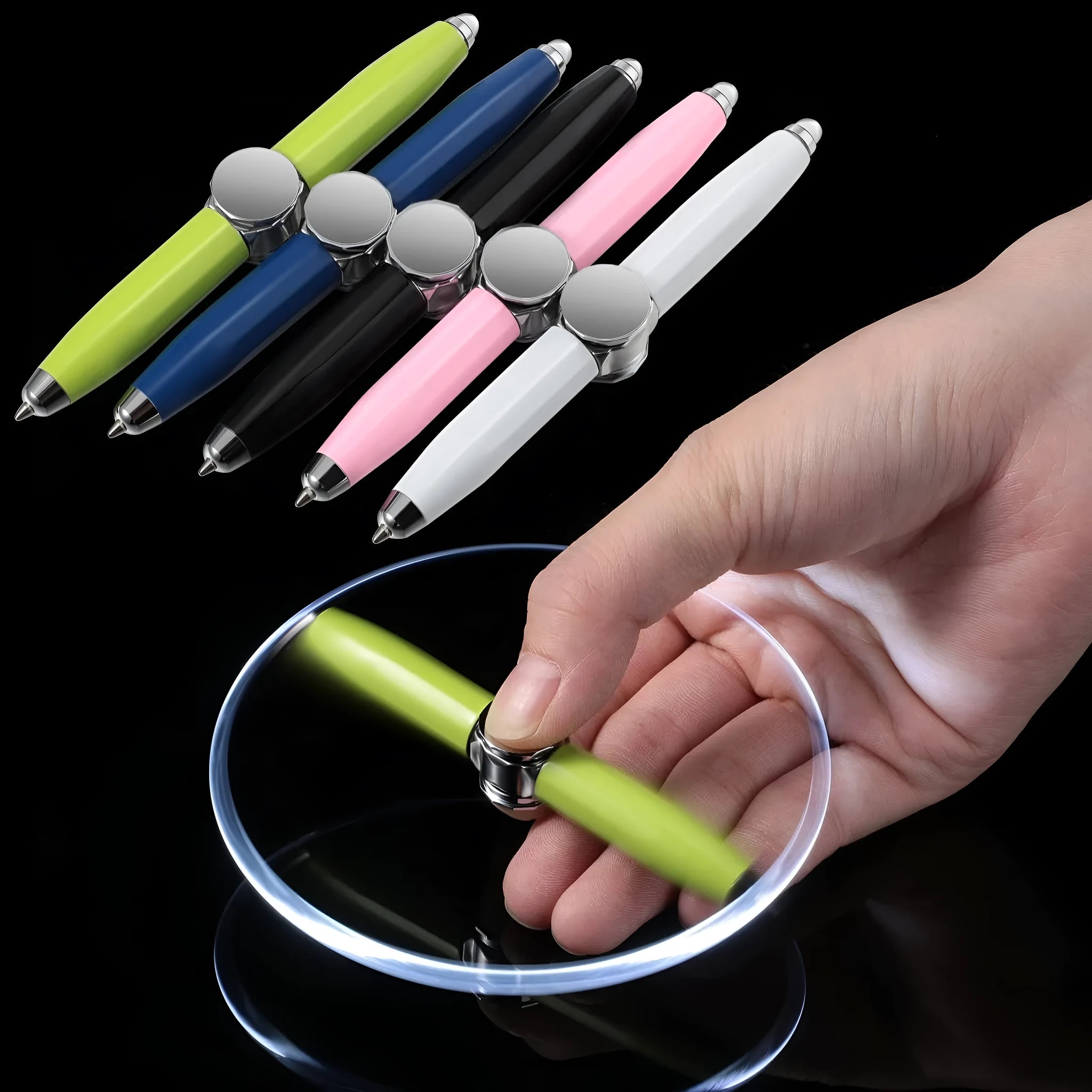 Metal gyro ballpoint pen with LED decompression spinner showing 10.5cm length and 12 ink colour options