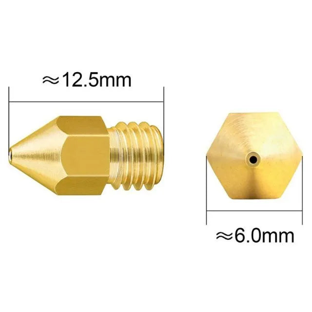 Close-up of a brass MK8 3D printer nozzle with M6 thread and 1.75mm input diameter