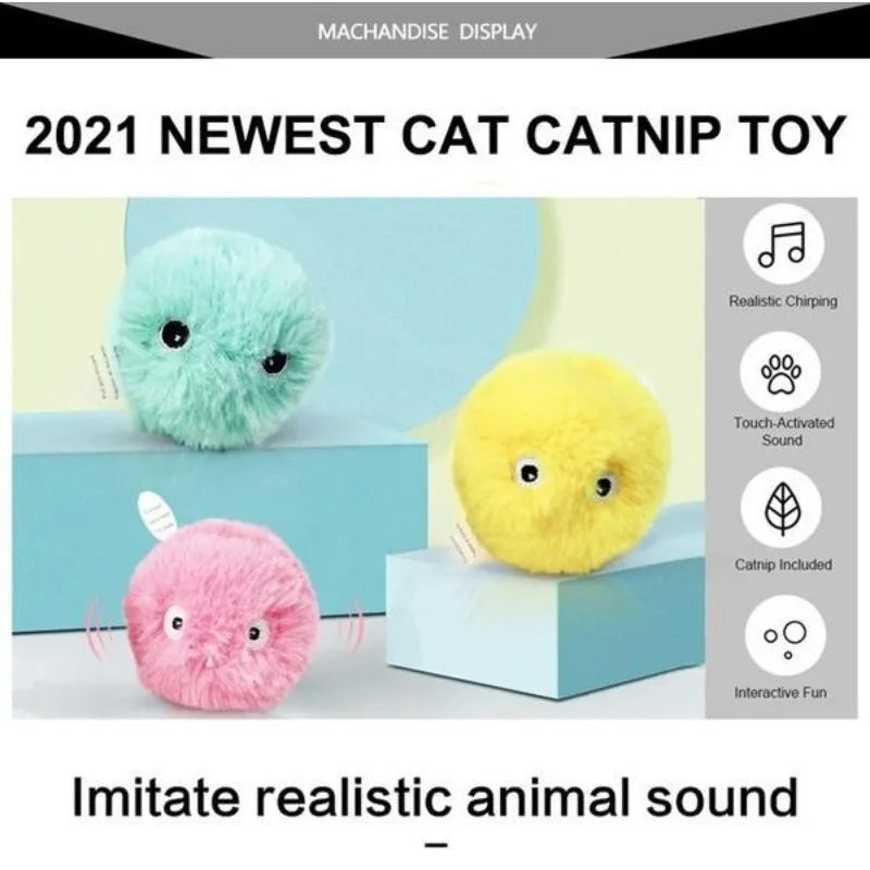 Interactive cat toy ball in blue, pink, and yellow colours with 55mm diameter for animal sound stimulation