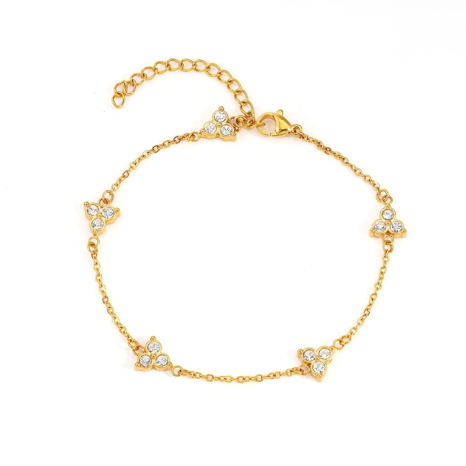 Women's stainless steel bracelet with a geometric triangle pendant, shown in gold and steel tone options with coloured stones.