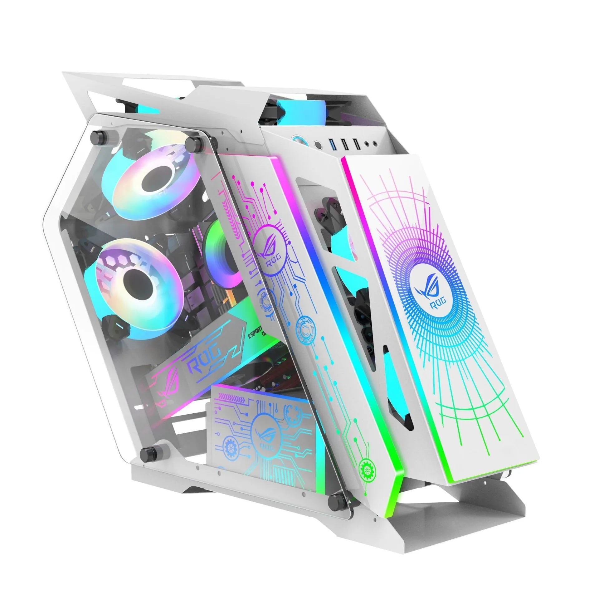 Table-type black bare metal PC chassis with six RGB fans lit up on a desk