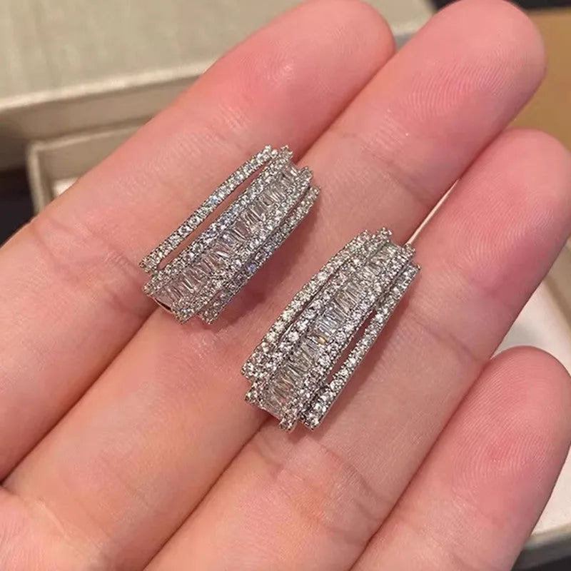 Geometric-shaped zircon stud earrings with white gold colour plating for women