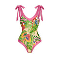 Pink floral print one-piece swimsuit with V-neck, covered belly, and an attached skirt.