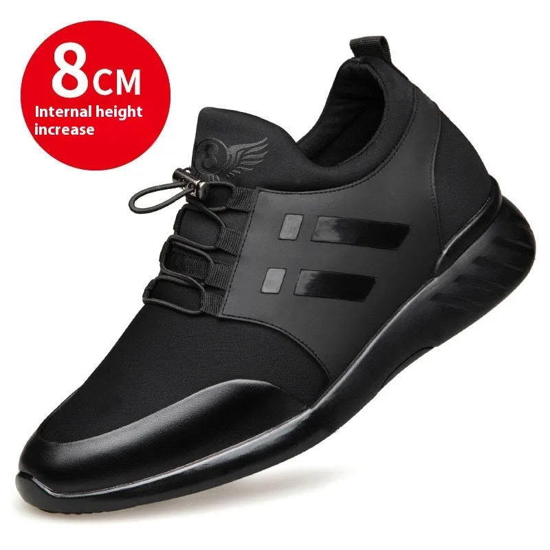 Men's black genuine leather casual shoes with a chunky rubber sole for height increase.