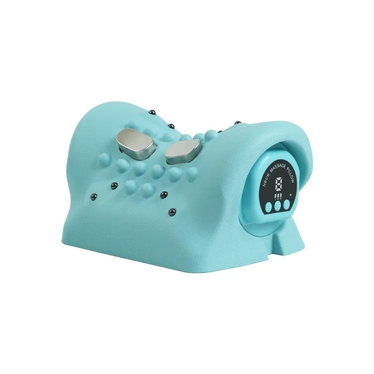 Blue green EMS neck and shoulder massage pillow with hot compress function measuring 17x10x12cm
