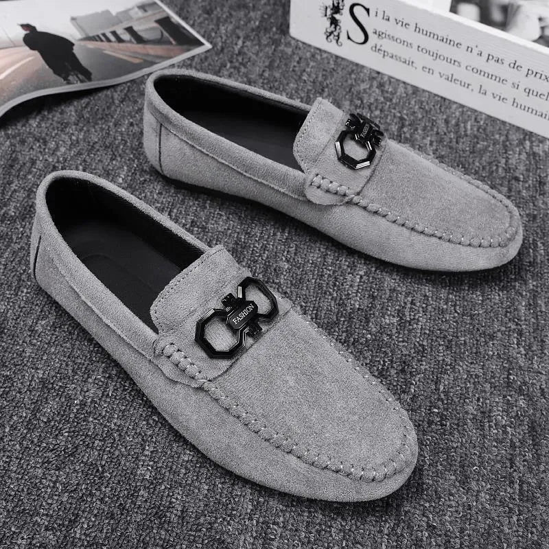 Men's black and grey suede casual shoes with rubber soles showing breathable summer design