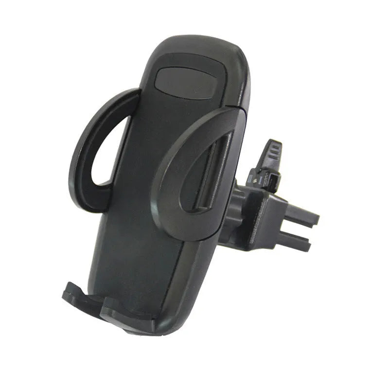 Black plastic car air vent phone holder mounted on car dashboard with mobile phone securely in cradle