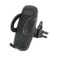 Black plastic car air vent phone holder mounted on car dashboard with mobile phone securely in cradle
