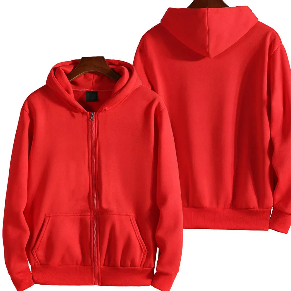 Men's loose fit solid colour zip front jacket in black, shown on a hanger.