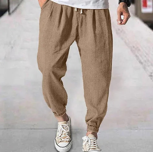 Men's loose cotton ankle pants with elasticated bands in light green colour