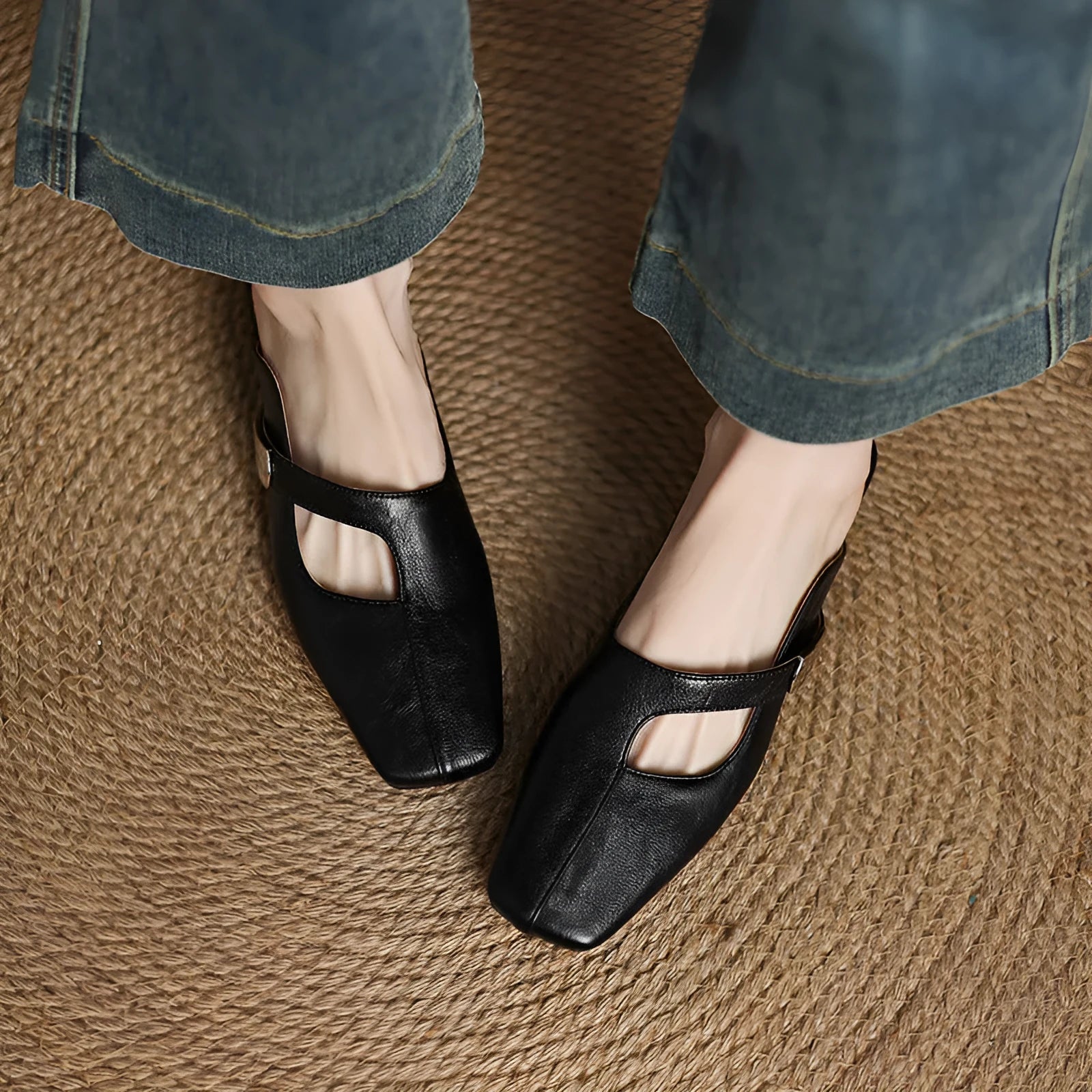 Square-toe casual slipper with low heel in beige, showing artificial PU upper and rubber sole.