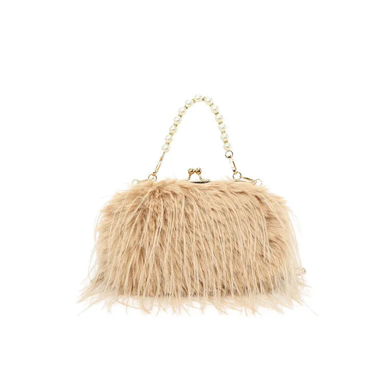 Soft plush furry crossbody shoulder bag with pearl chain and phone pocket in shell shape