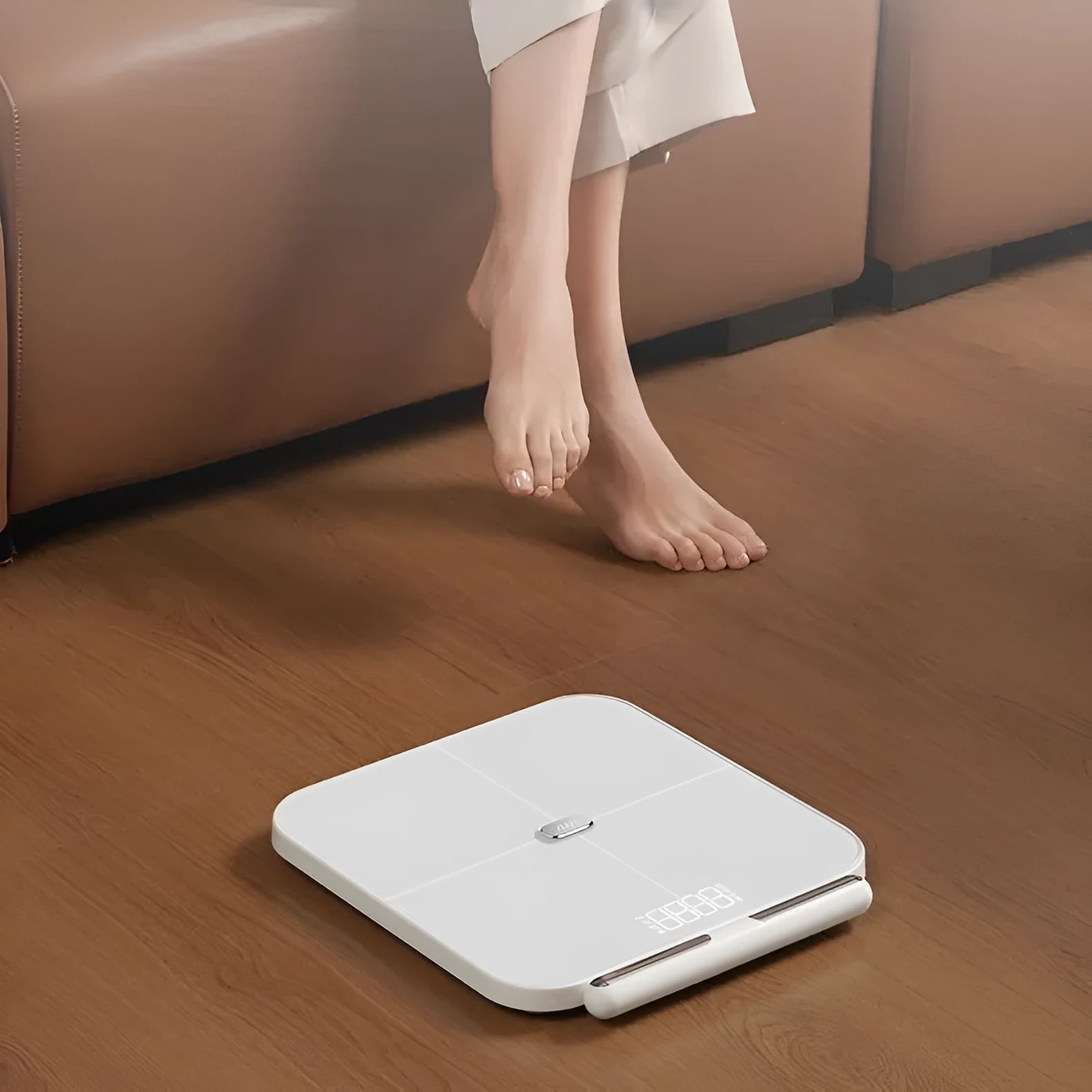 White professional smart body fat scale with eight electrodes and LED display.
