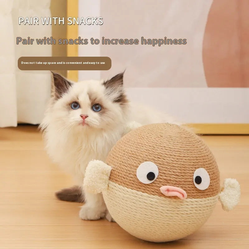Sisal hemp pet puzzle toy cube with puffer fish design for slow feeding dogs and cats