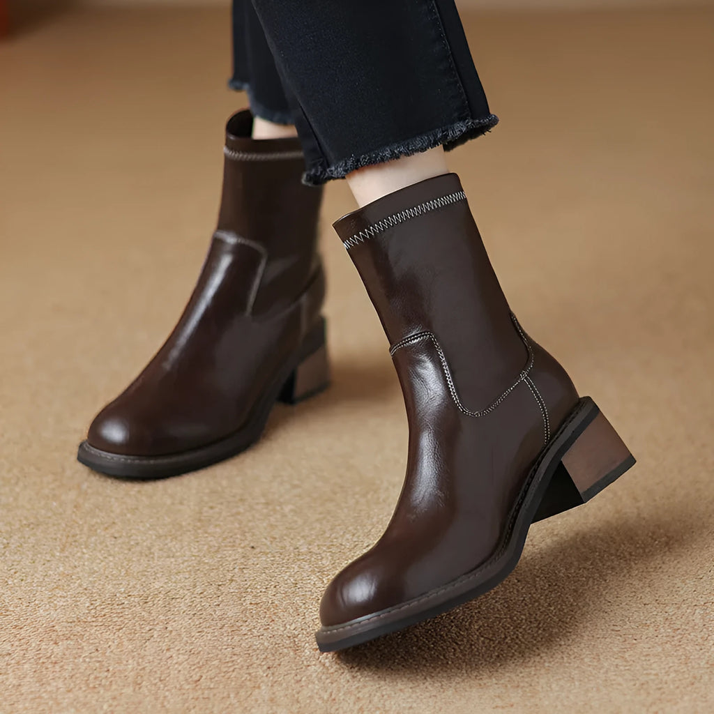 Women's casual mid-heel Martin boots with artificial PU upper and front lacing in black and brown