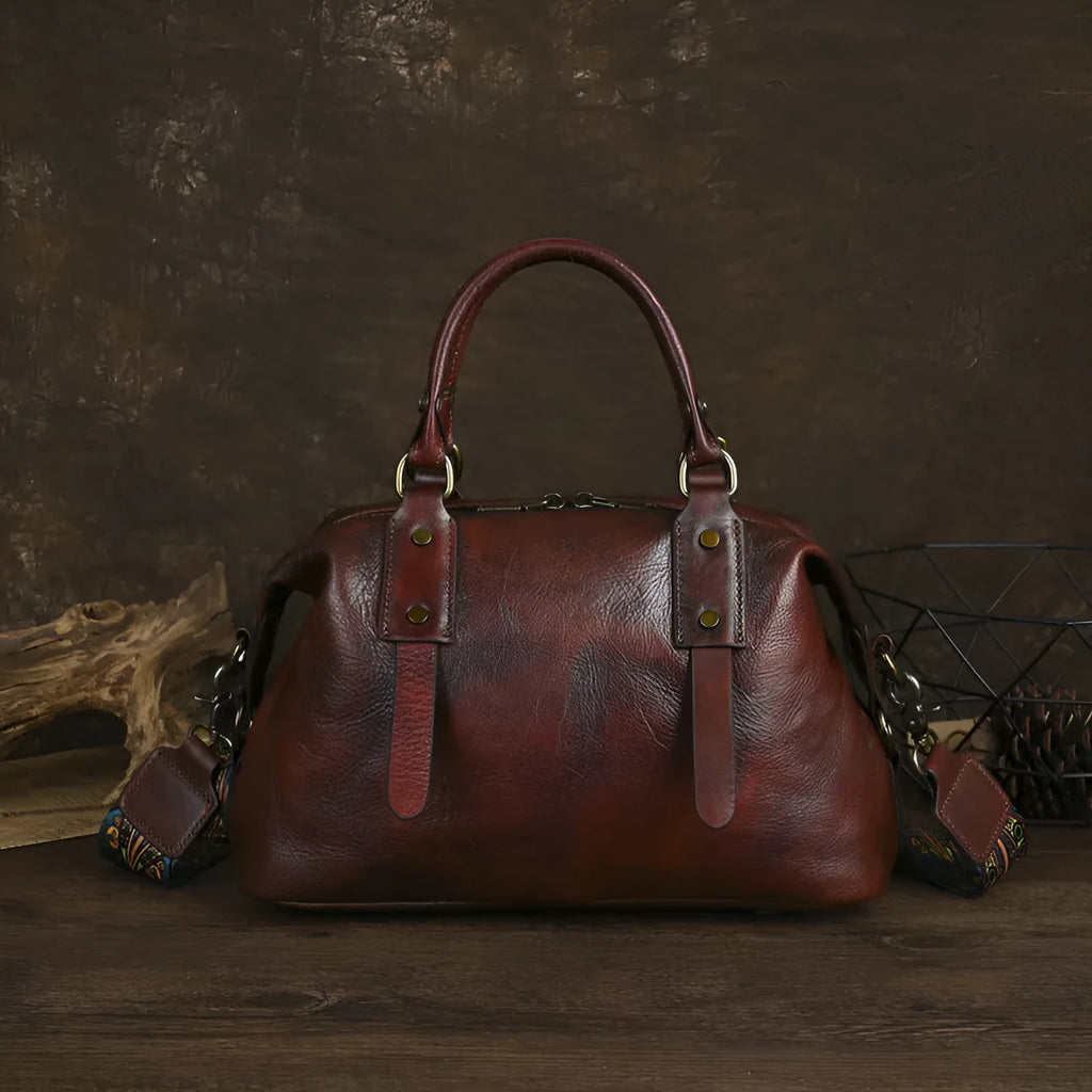 Brown genuine leather handbag with horizontal square shape and retro European American style for women