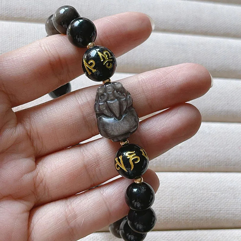 Natural silverstone men's bracelet with zodiac symbols and proverb beads in Chinese style design