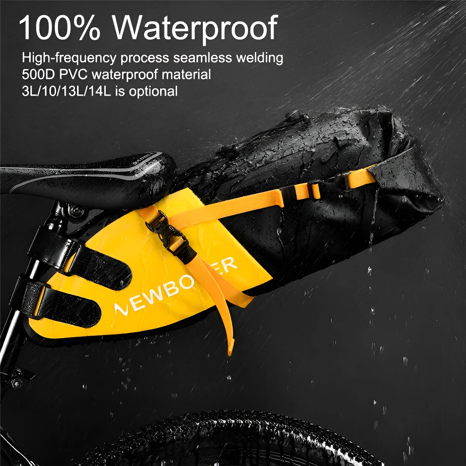 Waterproof PVC bicycle tail bag with 13 litre capacity in black colour