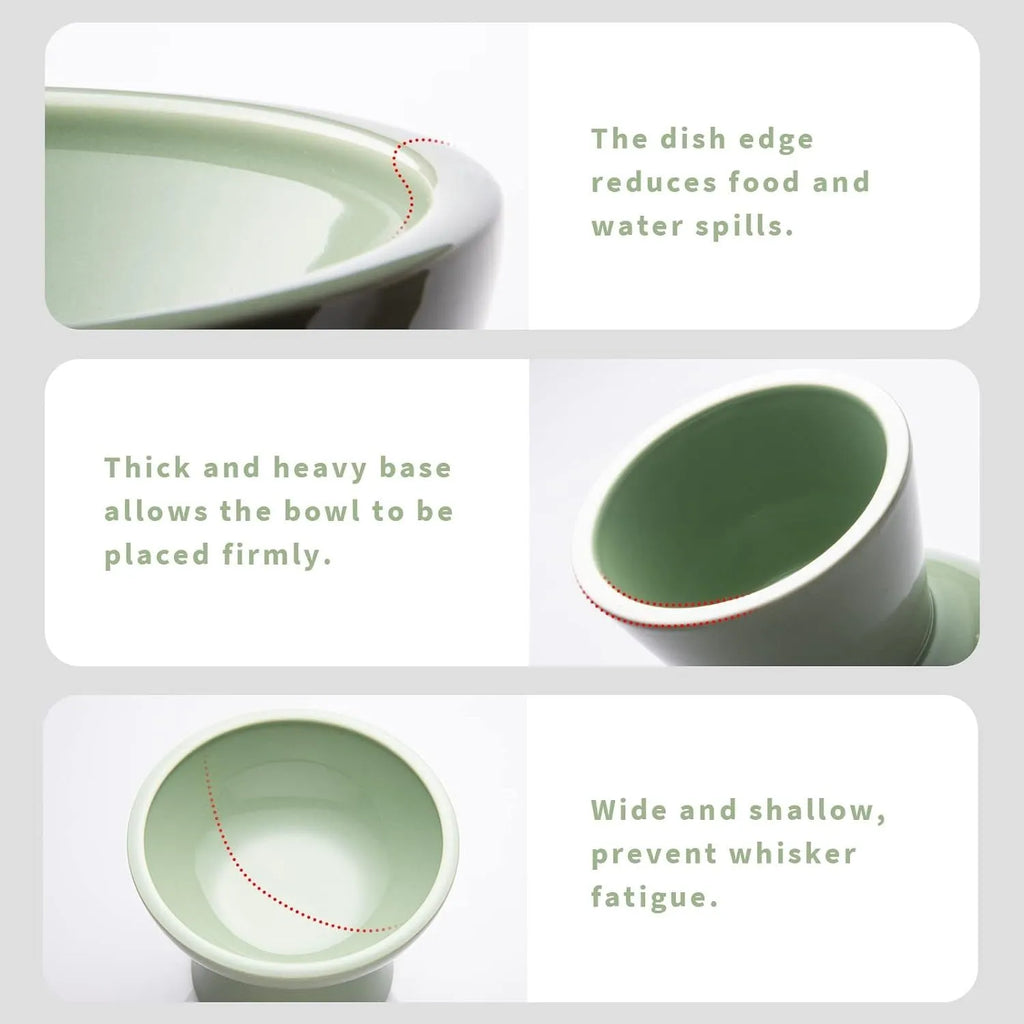 Blue elevated ceramic cat bowl with wide shallow dish on a white background.