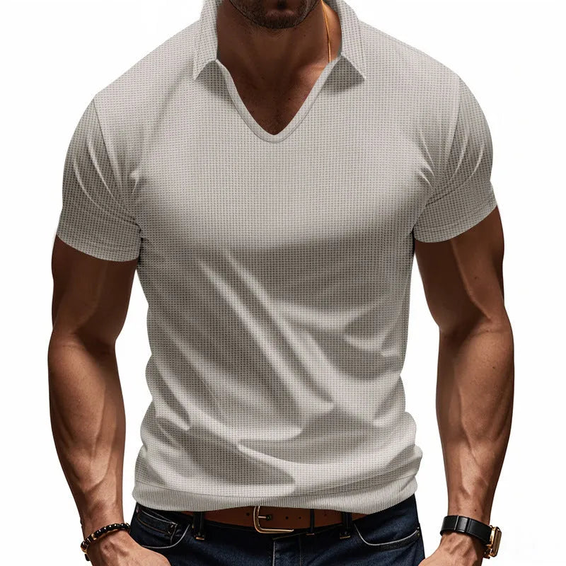 Men's loose fit V-neck short sleeve T-shirt in cotton blend fabric shown in apricot colour