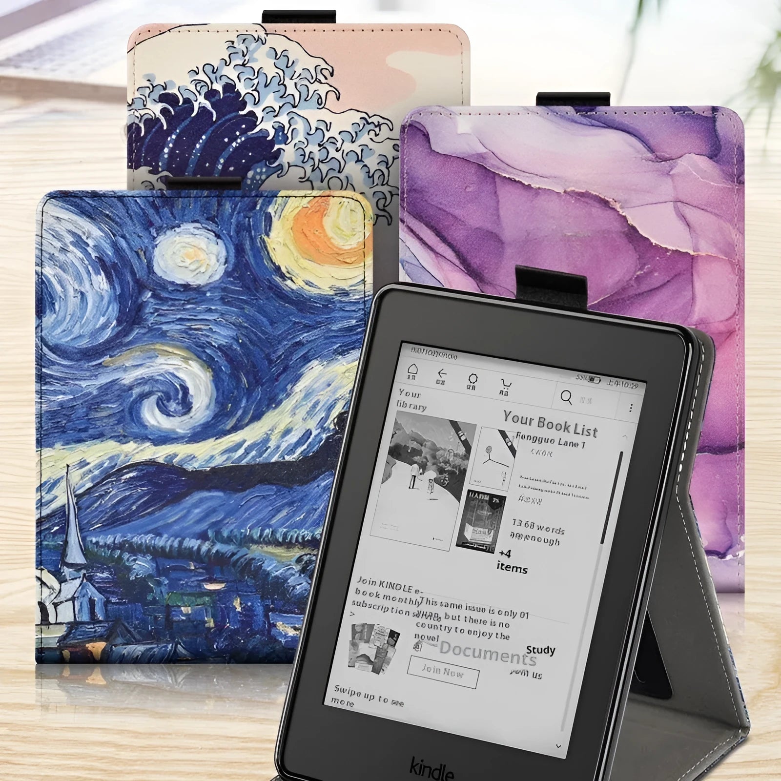 Black TPU leather protective case for a 6-inch Kindle Paperwhite e-reader, showing embossed texture and brackets style edges.