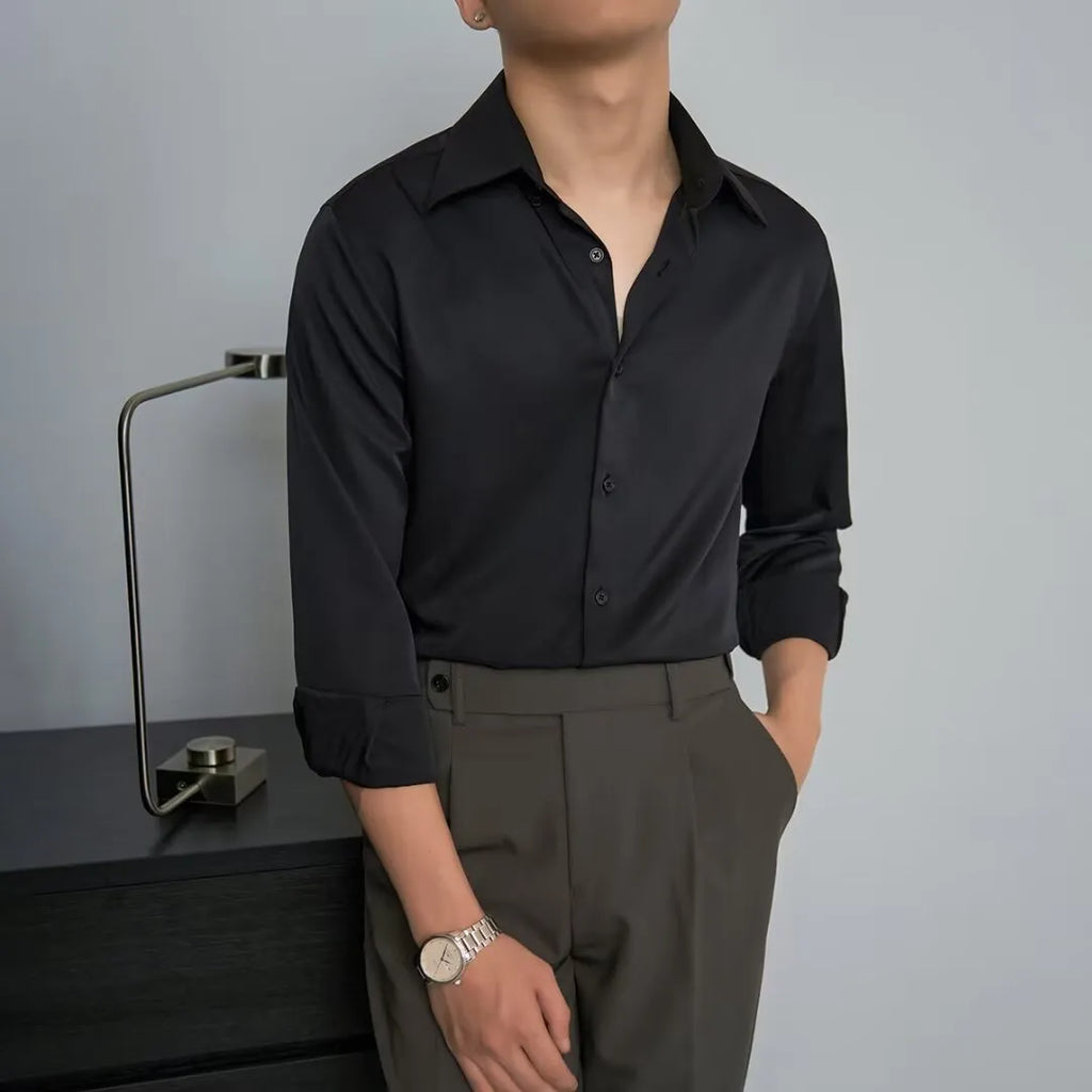 Men's Korean style slim fit long sleeve shirt in black polyester with Japanese retro cardigan design