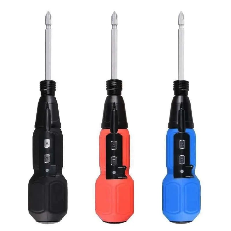 Black and blue alloy steel straight handle cordless electric screwdriver on a workbench.