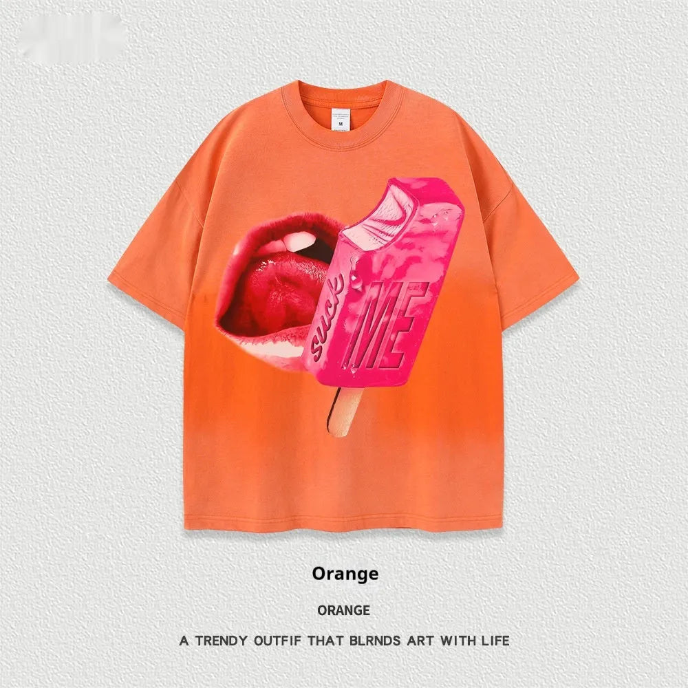 A loose-fit, heavy washed short-sleeved streetwear T-shirt on a hanger.