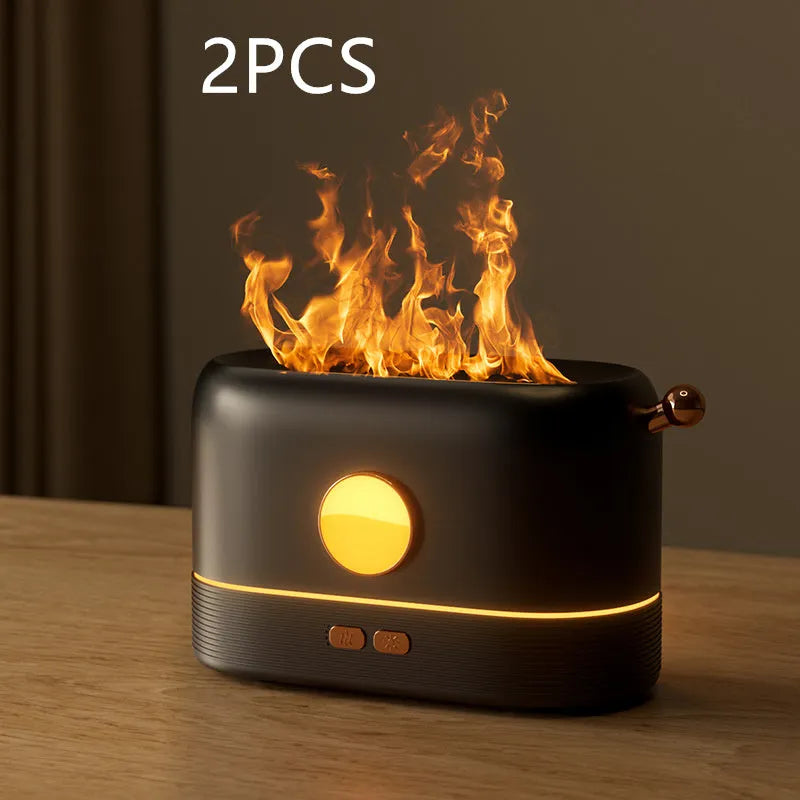 Black USB desktop humidifier with simulation flame light effect and water vapour mist.