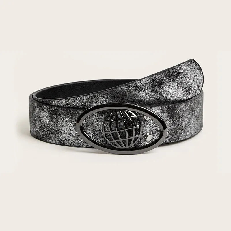 Retro women's belt with oval alloy buckle in thick PU leather vintage style