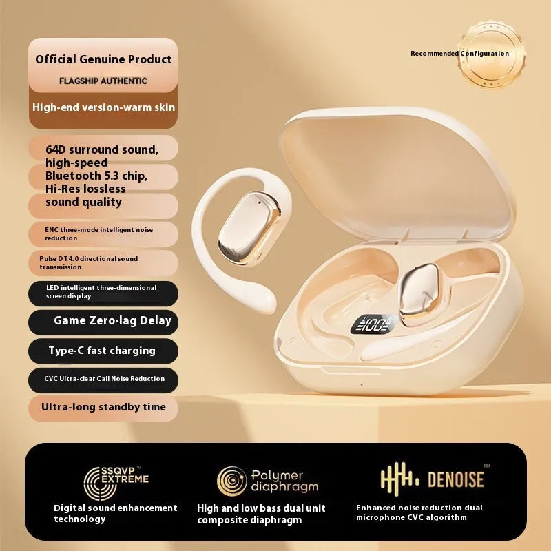 Ear-mounted wireless headphones with digital display screen in skin colour option